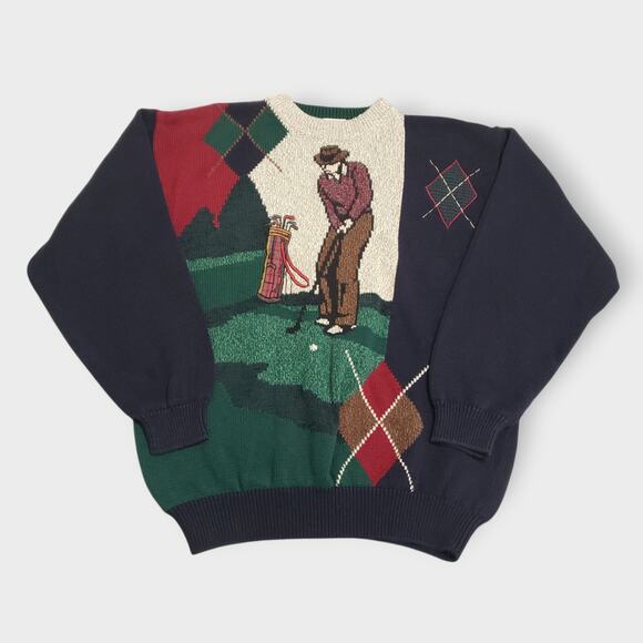 Vtg Cotton Traders Sport Golf Sweater Argyle Colorblock Sz Med Grandpa 90s Cosby - Picture 1 of 14